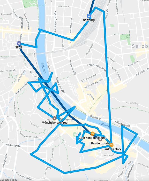 A map showing the path that I walked around Salzburg.