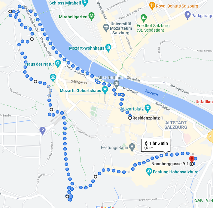 A screenshot of Google Maps that shows the more accurate route that I took around Salzburg.